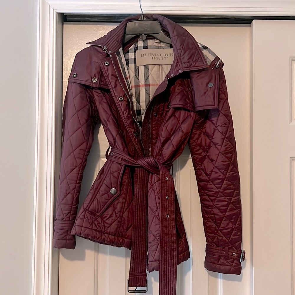 Burberry Brit Burgundy Belted Quilted Coat, Size SP